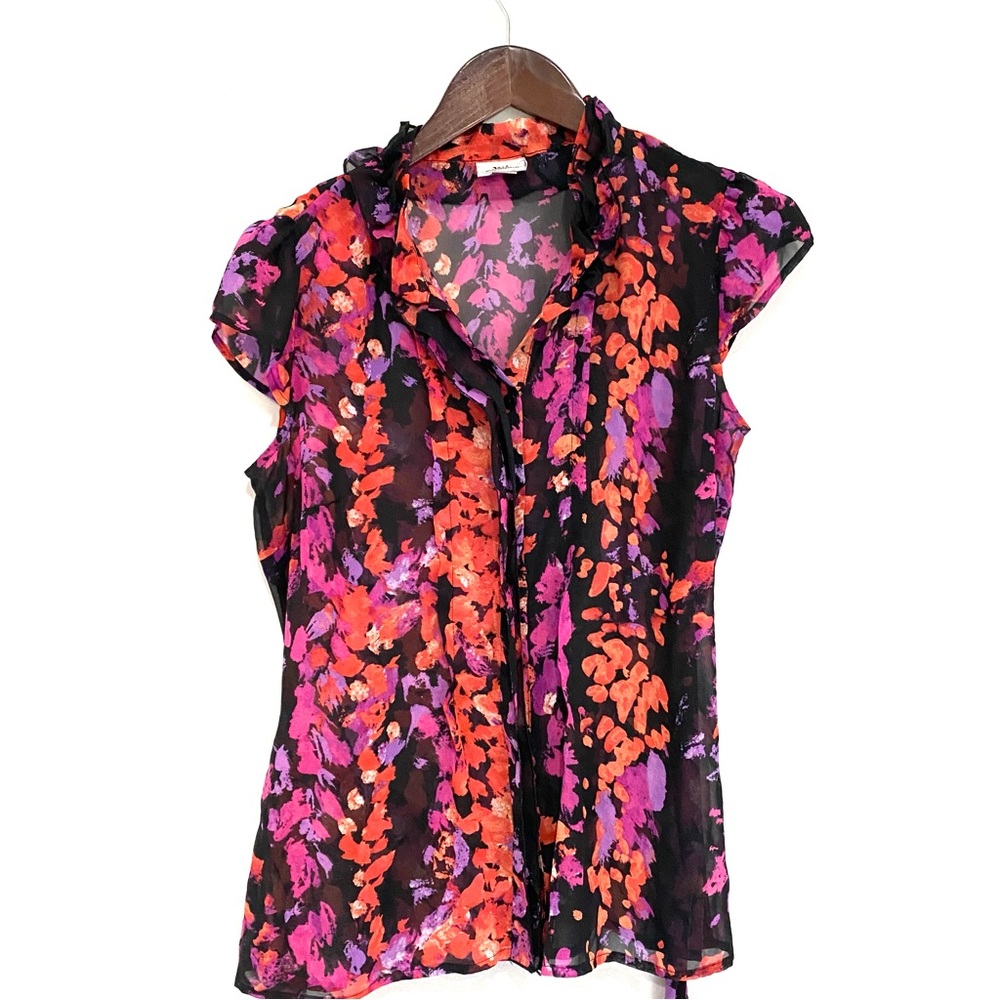 WORTHINGTON Womens Medium Black Purple Pink Sheer Chiffon Blouse With Belt U7